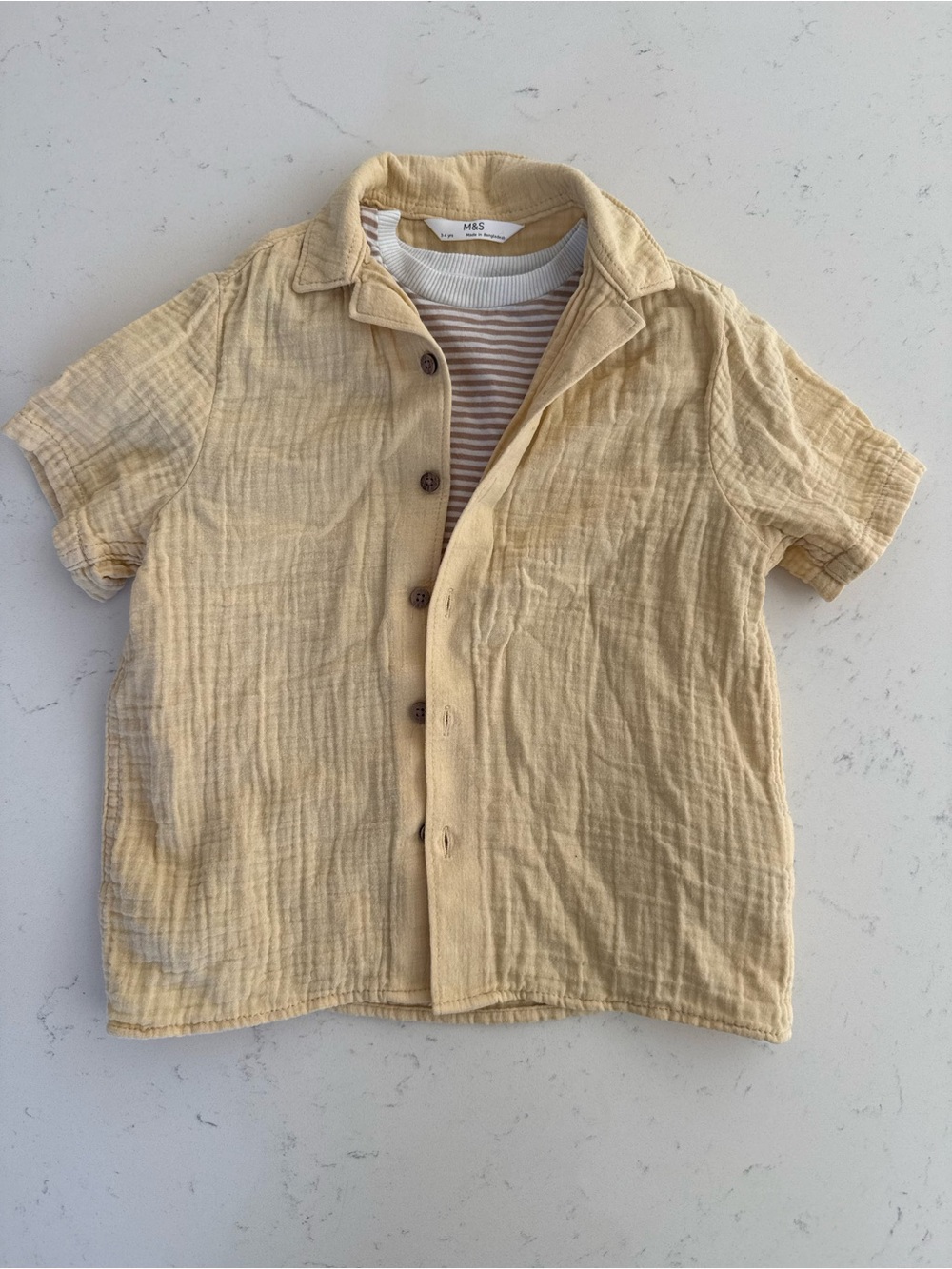 Kids Short Sleeve Cotton Shirt in Pale Yellow with tan & white under shirt